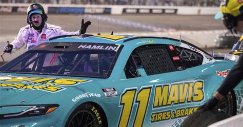 Late caution gives Hamlin a second chance and he beats Gibbs .